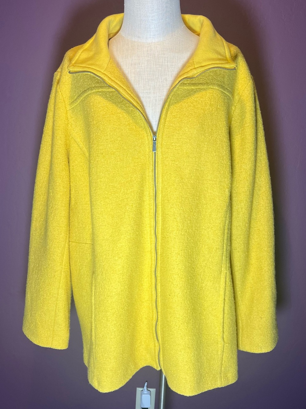 💛Lands' End Mustard Yellow Boiled Wool Blend Zipper Front Coat Jacket
